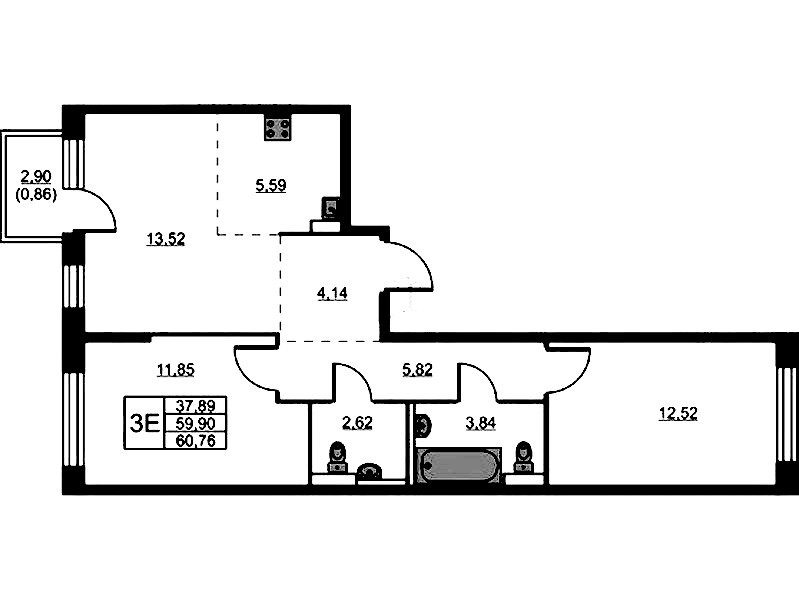 2-комнатная квартира 60.76 м², 11/24 эт., ЖК «Живи! В Рыбацком»